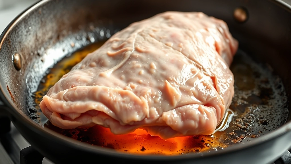 process: raw wild turkey breast being seared in cast iron skillet over flame, golden brown crust forming, photorealistic, natural bright kitchen lighting, no text