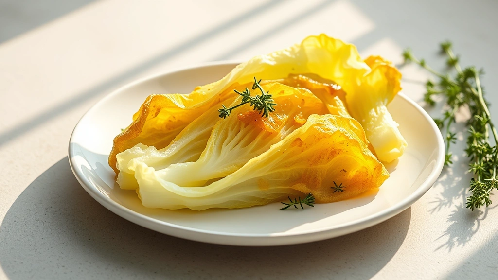 hero: Plated wilted lettuce on white ceramic plate, golden butter coating, fresh thyme garnish, morning sunlight streaming across, isolated on neutral background, photorealistic, no text