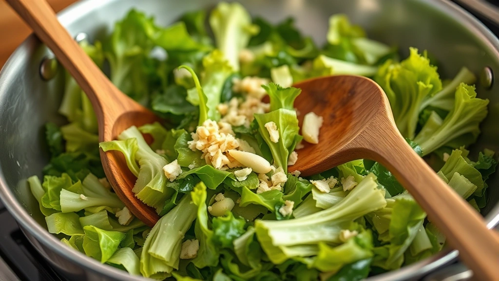 process: Butter lettuce wilting in large stainless steel skillet with minced garlic, steam rising, wooden spoon tossing greens, natural kitchen lighting, close angle, photorealistic, no text