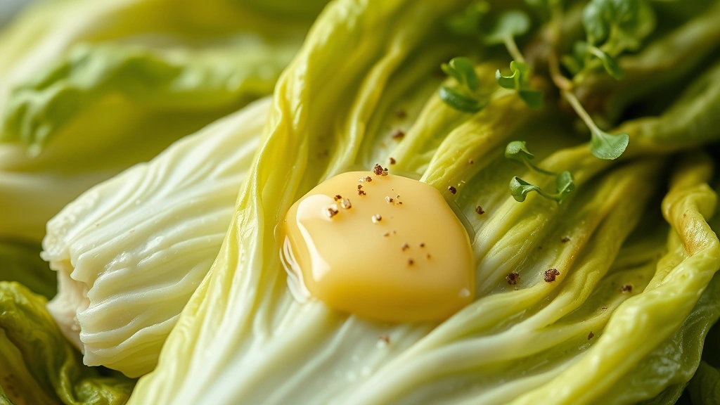 detail: Close-up macro shot of wilted butter lettuce leaves with shiny butter coating, fresh cracked pepper, microgreens garnish, shallow depth of field, warm natural lighting, photorealistic, no text