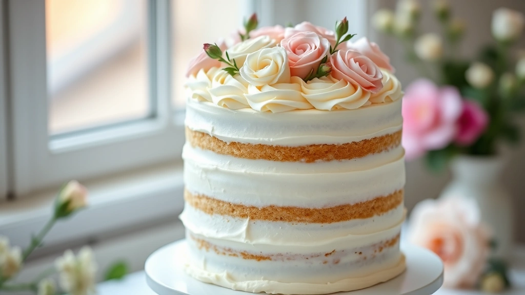 hero: beautiful three-layer vanilla cake frosted with white Wilton buttercream, topped with delicate piped roses and fresh flowers, elegant and romantic, natural window light, shallow depth of field
