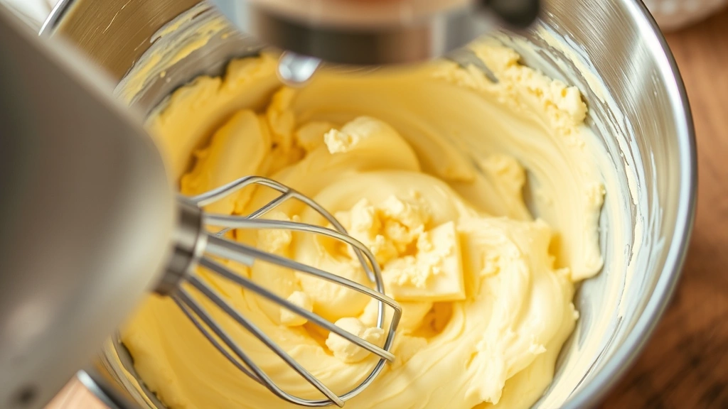 process: close-up of electric mixer beating pale fluffy butter in stainless steel bowl, soft golden butter becoming creamy and light, natural daylight