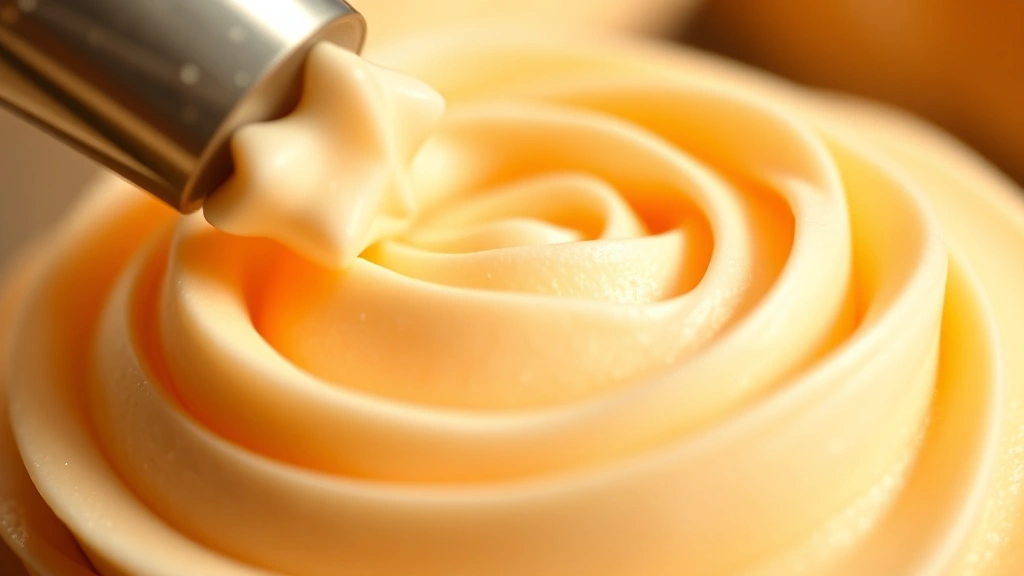 detail: extreme close-up of piped buttercream frosting showing texture and smoothness, piping bag with star tip creating rose details, macro photography, warm natural lighting