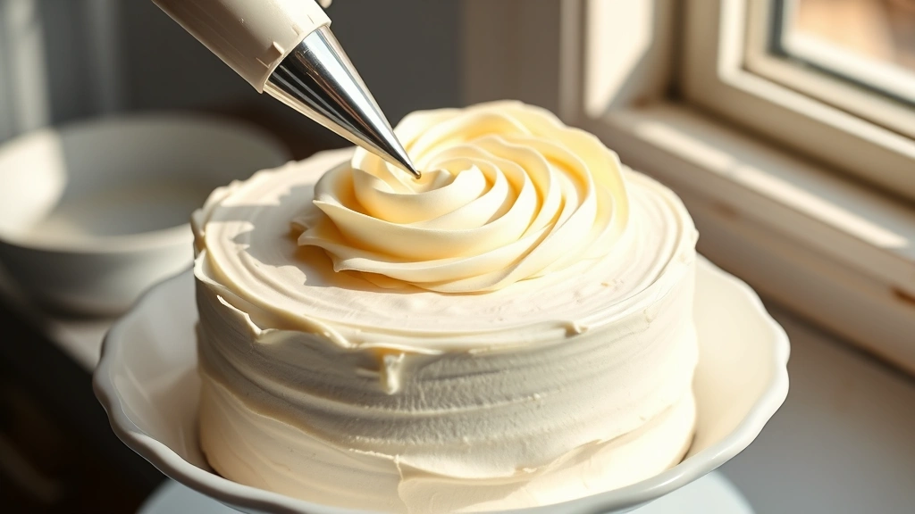 hero: beautiful piped buttercream frosting on white cake, professional bakery style, pastry bag with rose piping tip creating delicate flowers, natural daylight from window, soft shadows, no text or watermarks