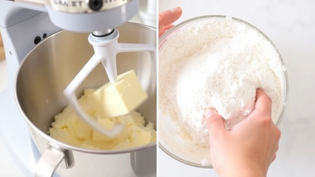 process: hand mixing butter and powdered sugar in stainless steel mixing bowl with electric mixer paddle attachment, light colored ingredients, professional kitchen setting, natural lighting, no text
