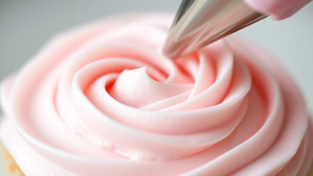 detail: close-up of fluffy light pink buttercream frosting texture, piping bag creating detailed rosette design, macro photography, shallow depth of field, natural diffused lighting, no text
