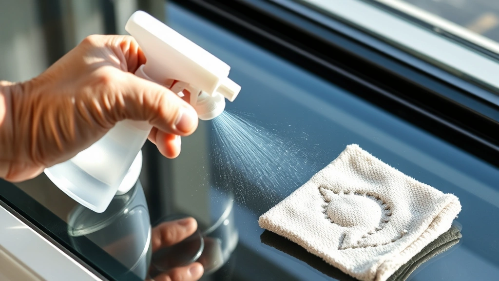 process: spray bottle application on glass surface with microfiber cloth nearby, photorealistic, natural light, no text