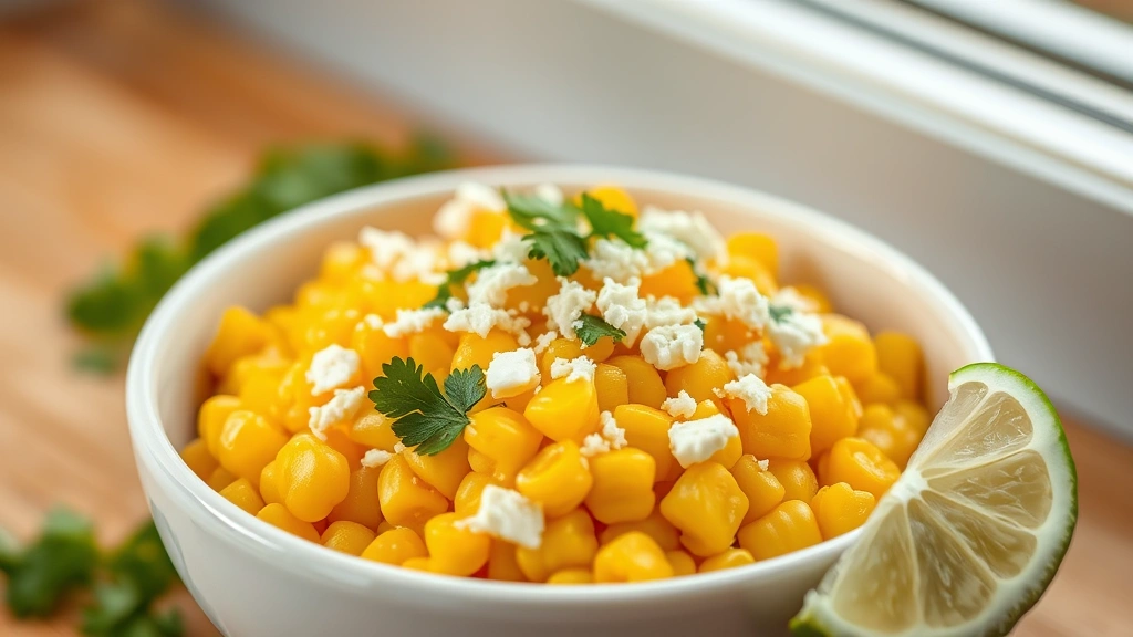 hero: golden buttery corn in white ceramic bowl with crumbled white cheese and green cilantro garnish, lime wedge on side, photorealistic, natural daylight from window, no text or watermarks