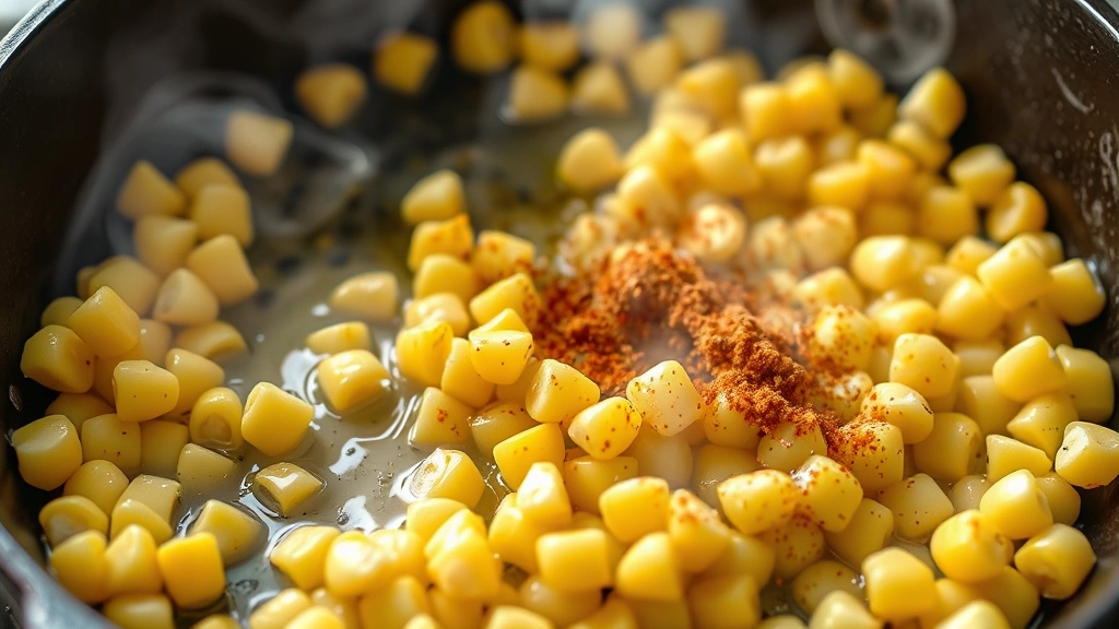 process: corn kernels sizzling in cast iron skillet with melting butter and spices, steam rising, photorealistic, natural kitchen lighting, no text or watermarks