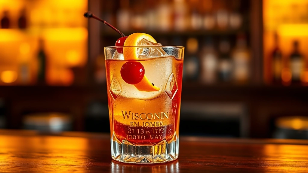hero: Wisconsin Old Fashioned cocktail in rocks glass with large ice cube, orange peel twist, cherry, brandy-colored liquid, soft warm lighting, wooden bar background, photorealistic, no text