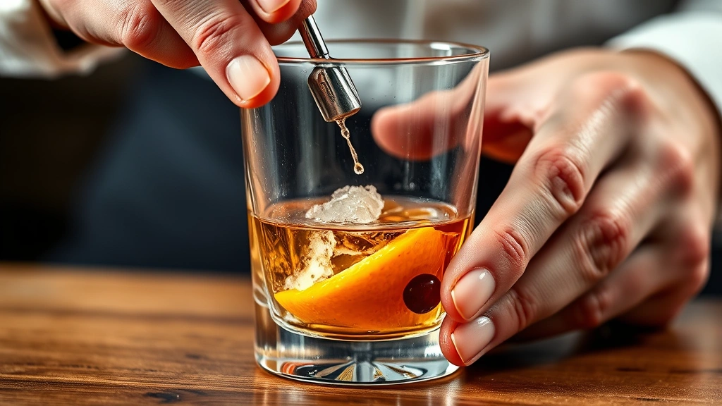 process: hands muddling sugar and bitters in rocks glass, orange chunk and cherry visible, close action shot, natural light, photorealistic, no text