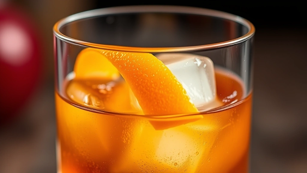 detail: close-up of finished Wisconsin Old Fashioned showing ice cube, fruit, orange peel garnish, amber liquid, shallow depth of field, photorealistic, no text