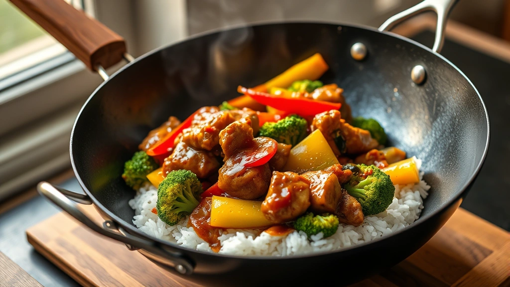 hero: steaming wok with glistening pork stir-fry, colorful bell peppers and broccoli, glossy brown sauce, served over white rice, photorealistic, warm natural lighting from side window, shallow depth of field, no text