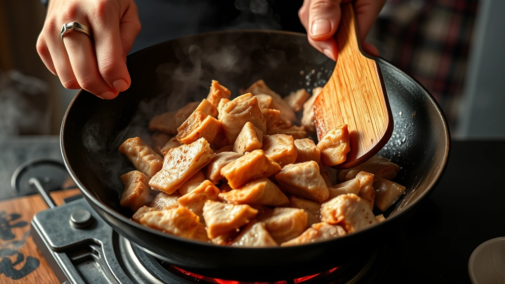 process: hands using wooden wok spatula tossing sliced pork in smoking hot wok, high-heat action shot, photorealistic, dramatic natural lighting, no text