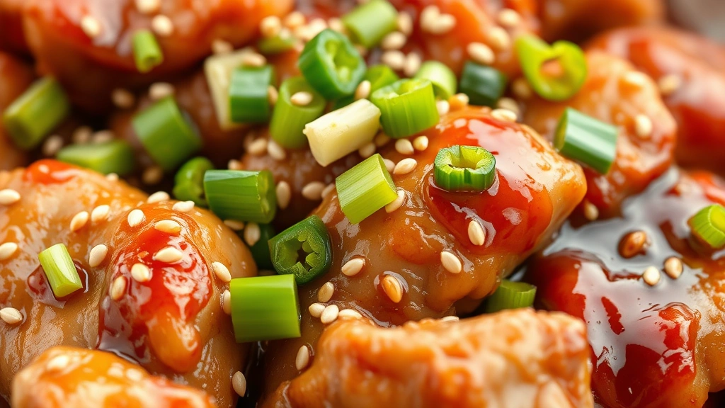 detail: close-up macro shot of finished pork stir-fry with sesame seeds and green onions on top, glossy sauce coating each piece, photorealistic, bright natural light, no text