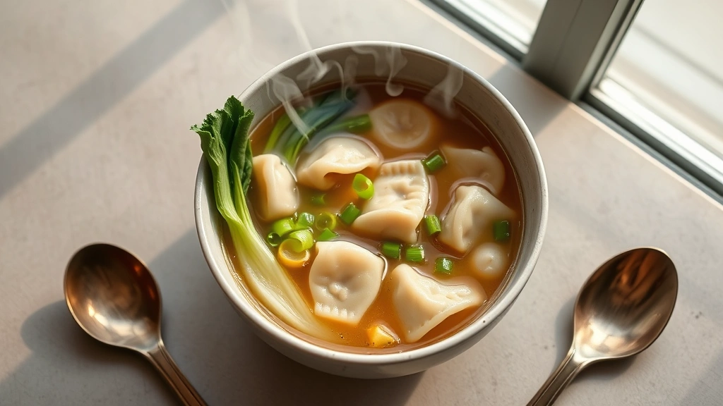 hero: steaming bowl of wonton soup with pork wontons, bok choy, green onions, ginger slices in clear golden broth, photographed from above with natural window light, ceramic spoon beside bowl, minimalist plating, no text or watermarks