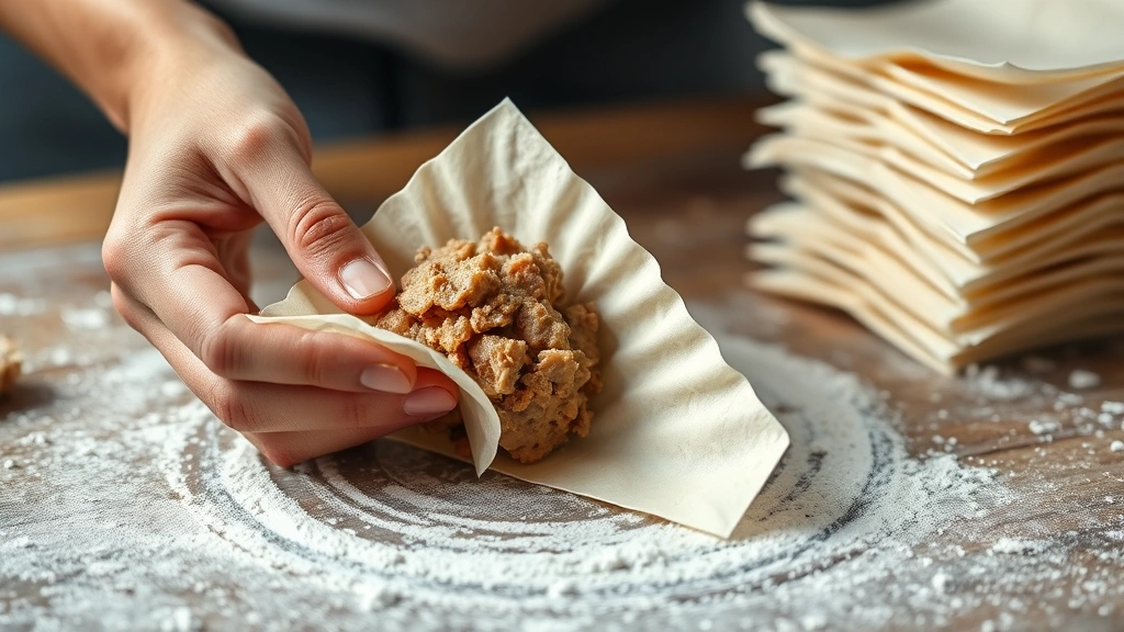 process: hands folding wonton wrapper with pork filling, showing the diamond fold technique, flour dusted work surface, stack of wonton wrappers in background, natural daylight, close cropped to show technique detail, no text
