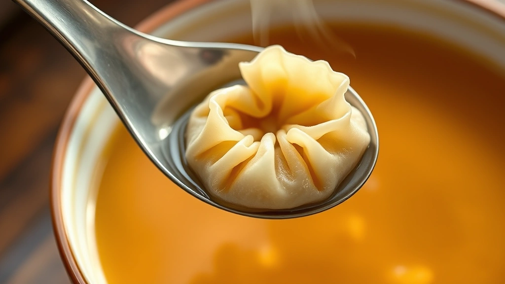 detail: single perfect wonton in spoon suspended over bowl of broth, showing the characteristic shape with pleated edges and filled center, steam rising, soft focus golden broth background, warm natural lighting, no text or graphics