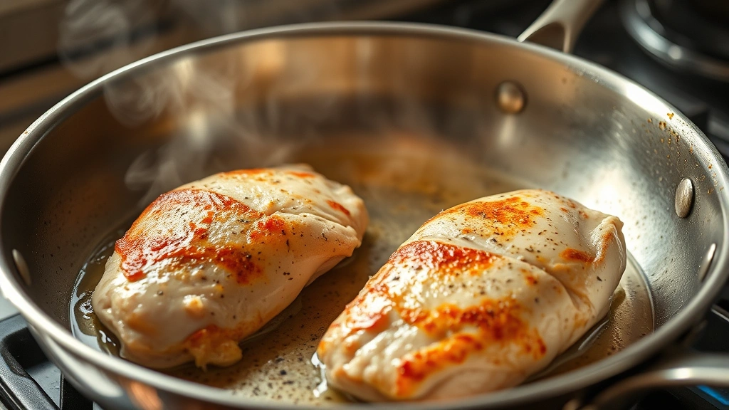 process: chicken breasts cooking in stainless steel skillet with golden brown crust, steam rising, photorealistic, warm kitchen light, no text