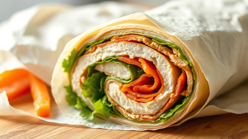 detail: close-up cross-section of rolled chicken wrap showing perfectly layered ingredients, parchment paper partially unwrapped, photorealistic, bright natural light, no text