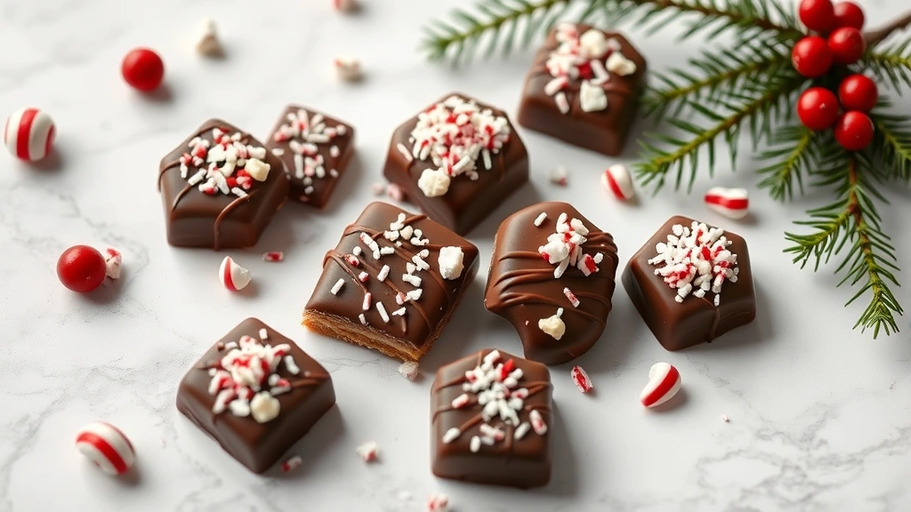 hero: elegant homemade Christmas candy pieces, some chocolate-covered with festive toppings like crushed candy canes and sprinkles, arranged on white marble surface with holly and greenery, warm holiday lighting, photorealistic, natural light, no text