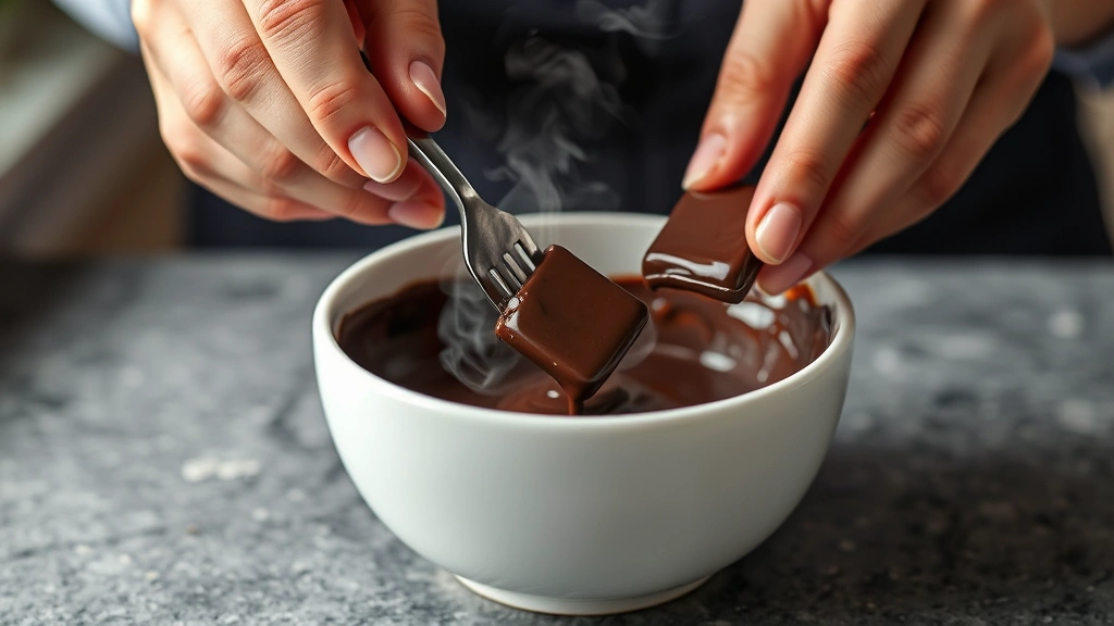 process: hands dipping candy square into melted chocolate using fork over white bowl, steam visible, mid-action shot, photorealistic, natural light, no text