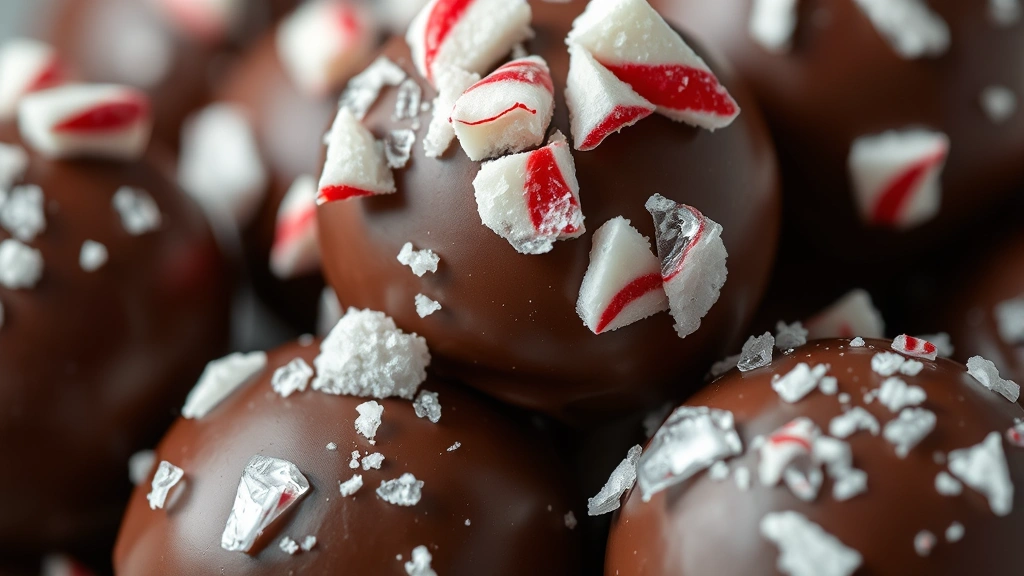 detail: close-up of chocolate-covered candy with crushed candy cane topping and sea salt crystals, showing rich texture and glossy chocolate coating, photorealistic, natural light, no text