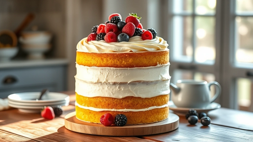 hero: golden yellow layer cake with frosting, fresh berries on top, afternoon natural light streaming through window, rustic farmhouse table setting, no text or watermarks