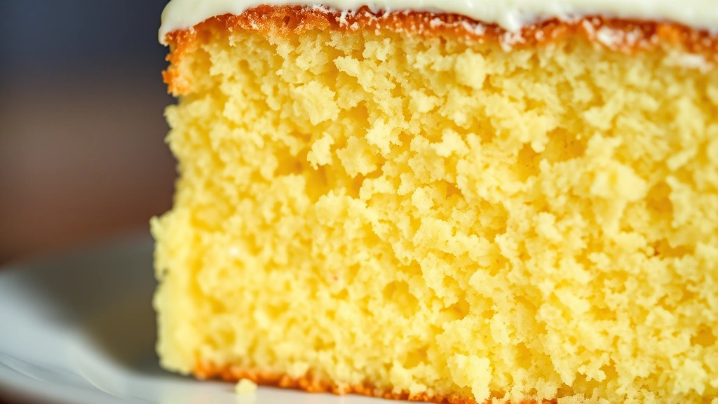 detail: close-up cross-section of yellow cake showing tender moist crumb structure, frosting layer visible, shallow depth of field, natural lighting, no text