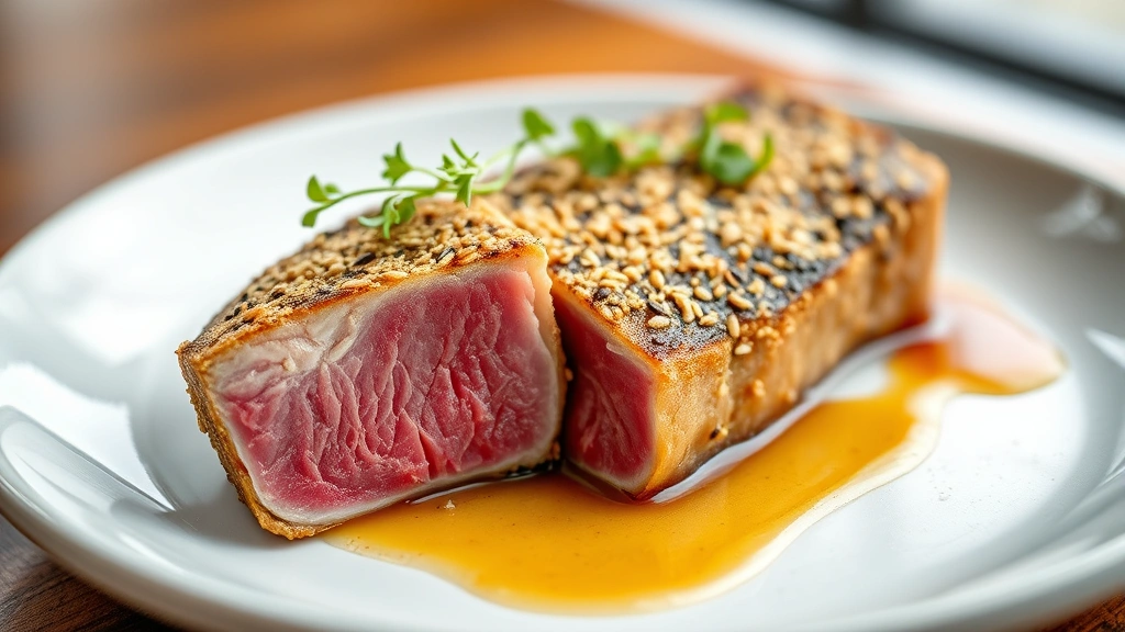 hero: perfectly seared yellowfin tuna steak with sesame seed crust, golden exterior with rare pink center visible on cross-section, garnished with microgreens and fleur de sel, served on white ceramic plate with ponzu sauce, natural window lighting, shallow depth of field, food photography style