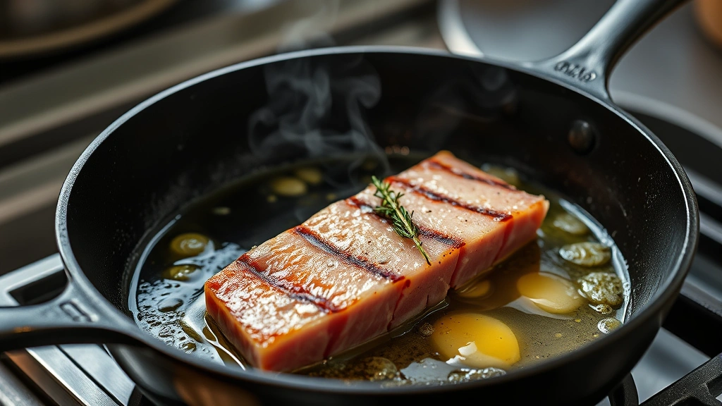 process: cast iron skillet with smoking hot oil, yellowfin tuna steak being seared, butter foaming with garlic and thyme, golden crust forming, professional kitchen lighting, action shot capturing the sear technique