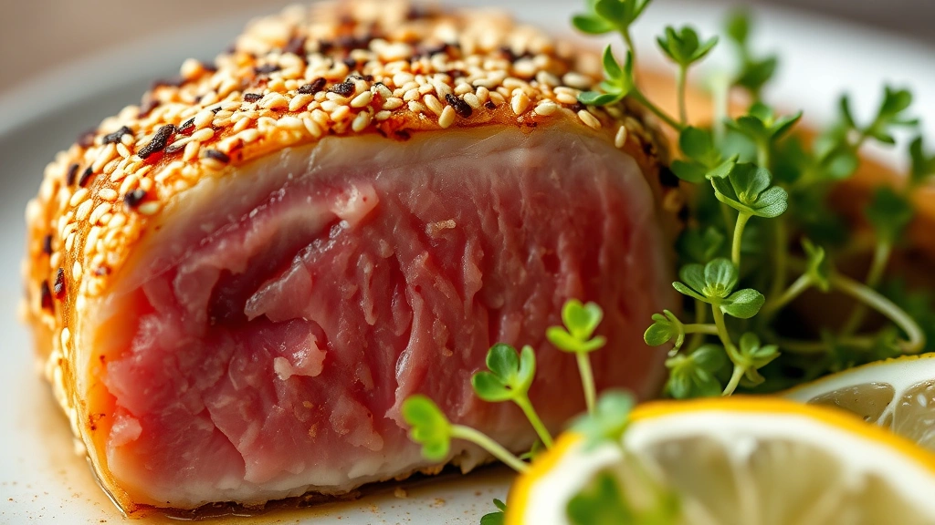 detail: close-up cross-section of perfectly cooked yellowfin tuna showing rare pink center with golden brown sesame-crusted exterior, microgreens and lemon on the side, macro photography, natural soft lighting, culinary detail
