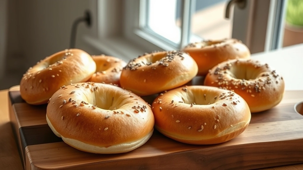 hero: eight fresh homemade yogurt bagels arranged on a rustic wooden board, golden-brown with everything seasoning and sesame seeds, steam rising, natural morning light from window, no text