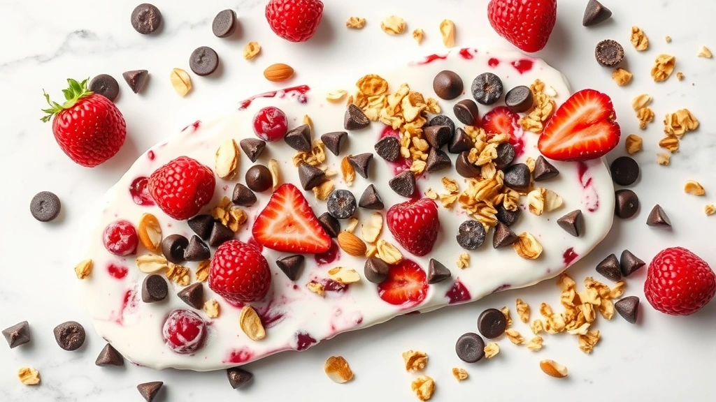 hero: frozen yogurt bark with mixed berries, chocolate chips, almonds and granola on white marble surface, photorealistic, bright natural window light, flat lay composition, no text