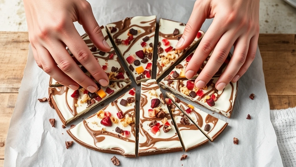 process: hands breaking frozen yogurt bark into pieces on parchment paper, showing texture and toppings clearly, photorealistic, natural daylight, no text