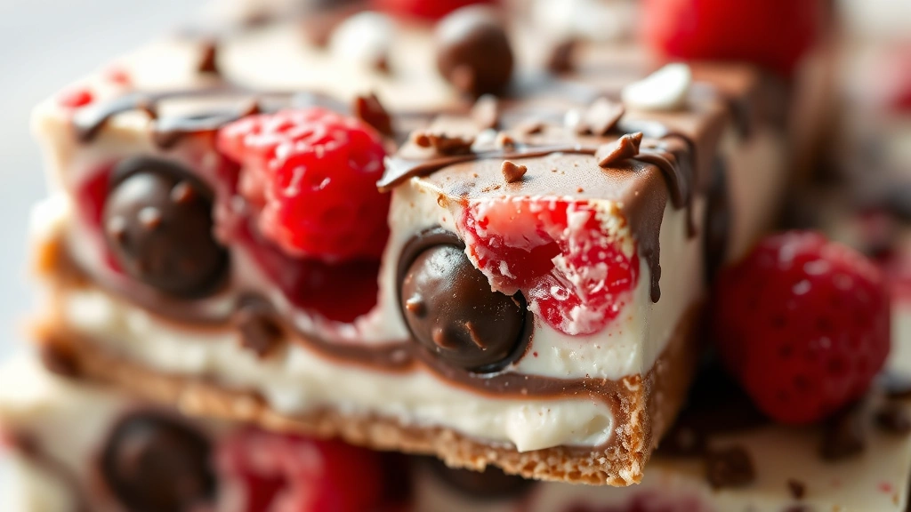 detail: close-up macro shot of yogurt bark cross-section showing creamy yogurt layer with berry and chocolate topping detail, photorealistic, natural light with slight shadow, no text
