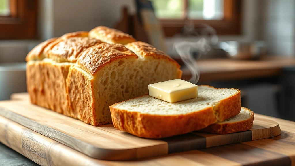 hero: golden brown yogurt bread loaf, freshly sliced, steam rising, butter melting on warm slice, natural window light, wooden cutting board, rustic kitchen setting, no text