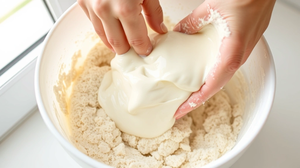 process: hands folding wet yogurt mixture into dry flour ingredients in white mixing bowl, batter texture visible, natural daylight from kitchen window, close-up detail, no text