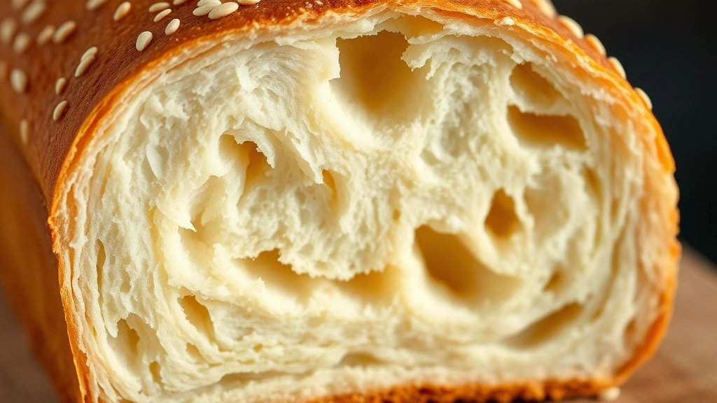 detail: cross-section of sliced yogurt bread showing tender moist crumb structure, sesame seeds on crust, warm golden interior, macro photography, natural lighting, no text