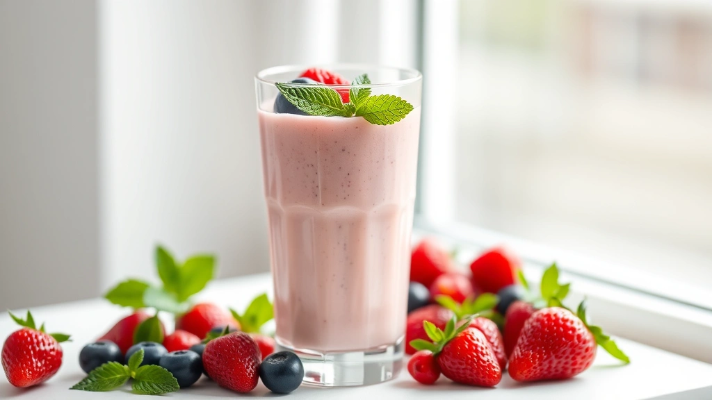hero: creamy pink yogurt smoothie in a tall glass with fresh berries on top and mint leaf, photorealistic, natural window light, no text, white background