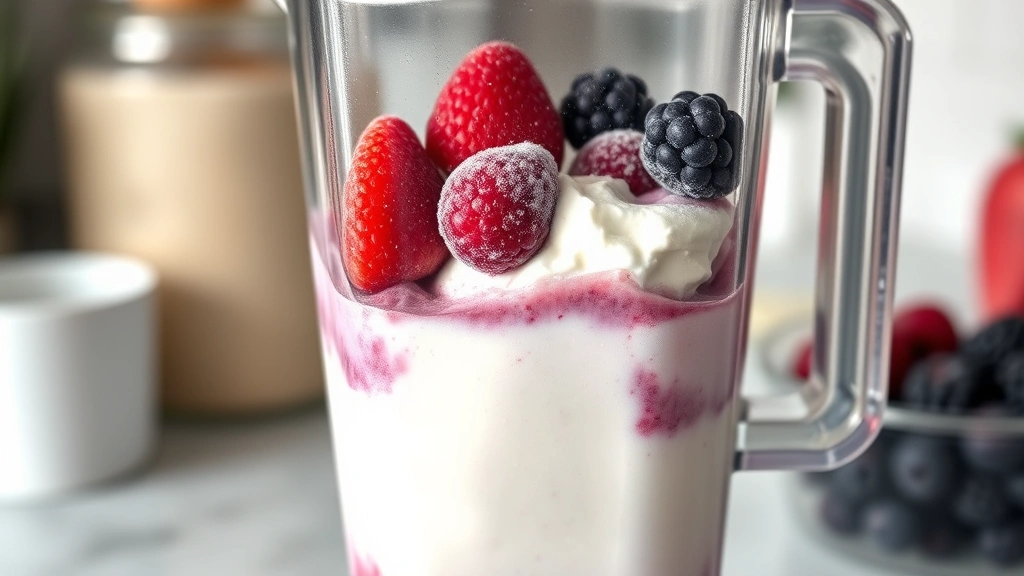 process: blending smoothie ingredients in a clear blender with Greek yogurt and frozen berries visible, photorealistic, natural kitchen light, no text