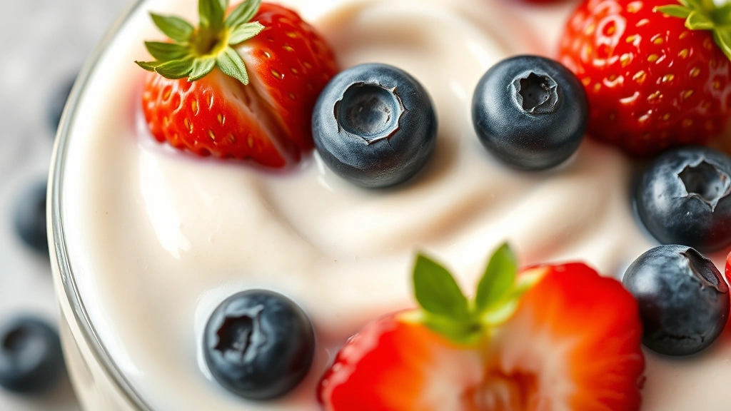 detail: close-up of creamy yogurt smoothie showing texture and fresh strawberries, raspberries, and blueberries, photorealistic, natural light, no text