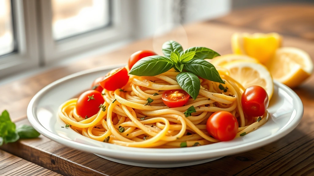 hero: plate of fresh zoodles with cherry tomatoes and basil garnish, steam rising, natural window light from left, shallow depth of field, food styled on white ceramic plate, lemon wedges beside plate, rustic wooden table surface, photorealistic, no text or watermarks