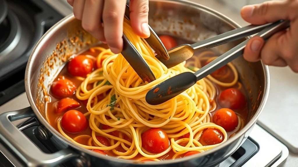 process: hand using tongs to toss zoodles in skillet with garlic tomato sauce, cherry tomatoes visible in pan, steam visible, natural kitchen light, close-up side angle, photorealistic, no text or watermarks
