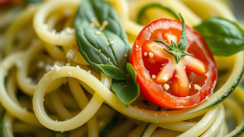 detail: close-up macro shot of spiralized zucchini noodle with cherry tomato half and basil leaf, fresh lemon zest sprinkled, shallow depth of field, natural diffused light, photorealistic, no text or watermarks