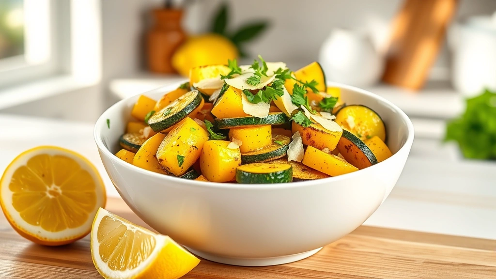 hero: golden sautéed zucchini and yellow squash in white ceramic bowl, fresh lemon wedge beside it, scattered fresh parsley and Parmesan shavings on top, creamy butter sauce, natural sunlight from left, airy kitchen background, photorealistic, vibrant summer colors, no text