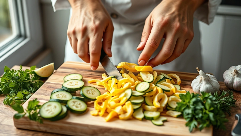 process: chef's hands slicing zucchini and yellow squash on wooden cutting board with sharp knife, fresh herbs and garlic nearby, natural window light, photorealistic, in-motion cooking scene, no text