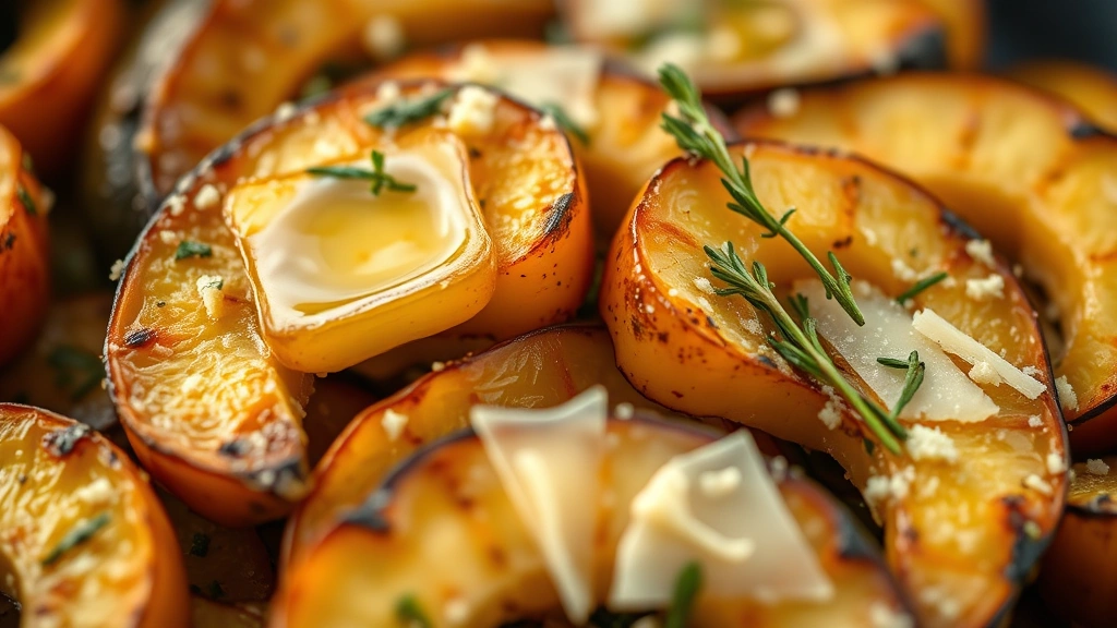 detail: close-up macro shot of sautéed squash slices with melted butter, fresh thyme, lemon zest, and grated Parmesan cheese, shallow depth of field, golden hour lighting, photorealistic, appetizing food photography, no text