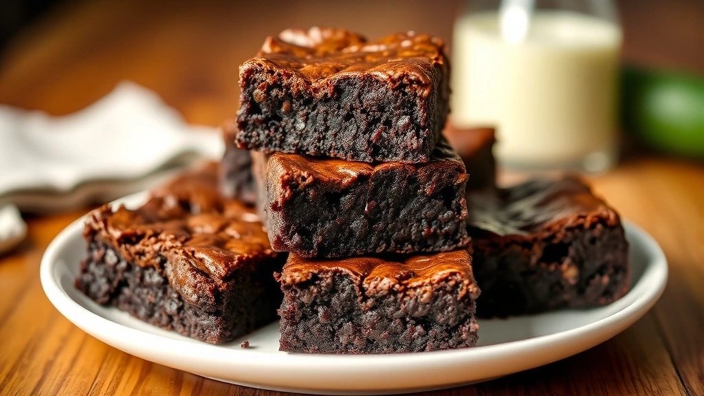 hero: freshly baked zucchini brownies stacked on white plate, fudgy texture visible, warm lighting, shallow depth of field, no text or watermark