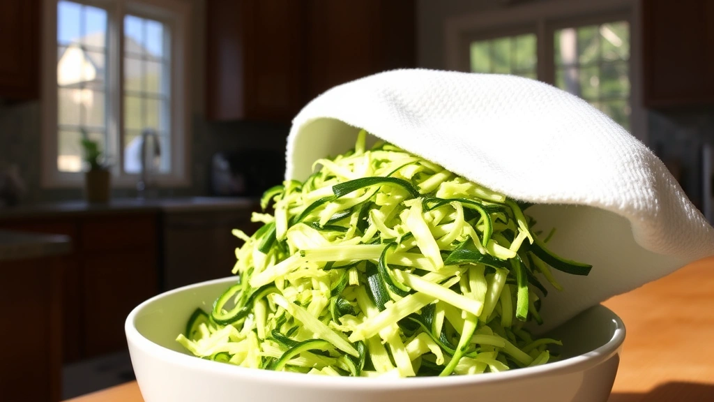 process: shredded zucchini being pressed with kitchen towel over bowl, bright natural window light, in-kitchen setting, no people visible, no text